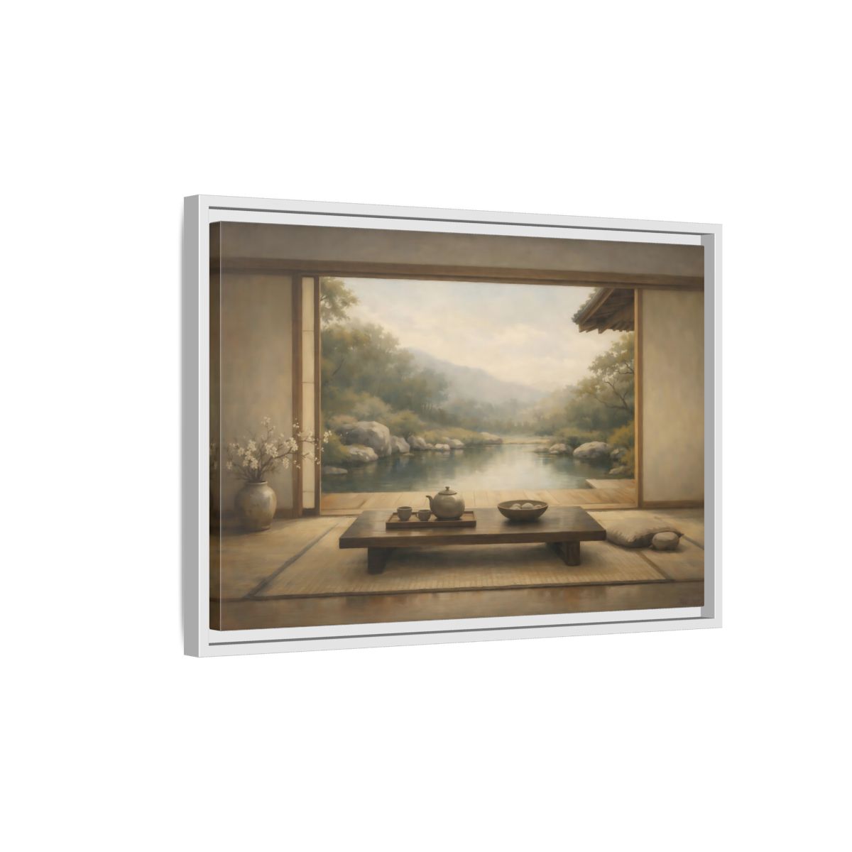 Side Mockup 1. Nature Japanese Garden Muted Landscape shown as stretched canvas wall art