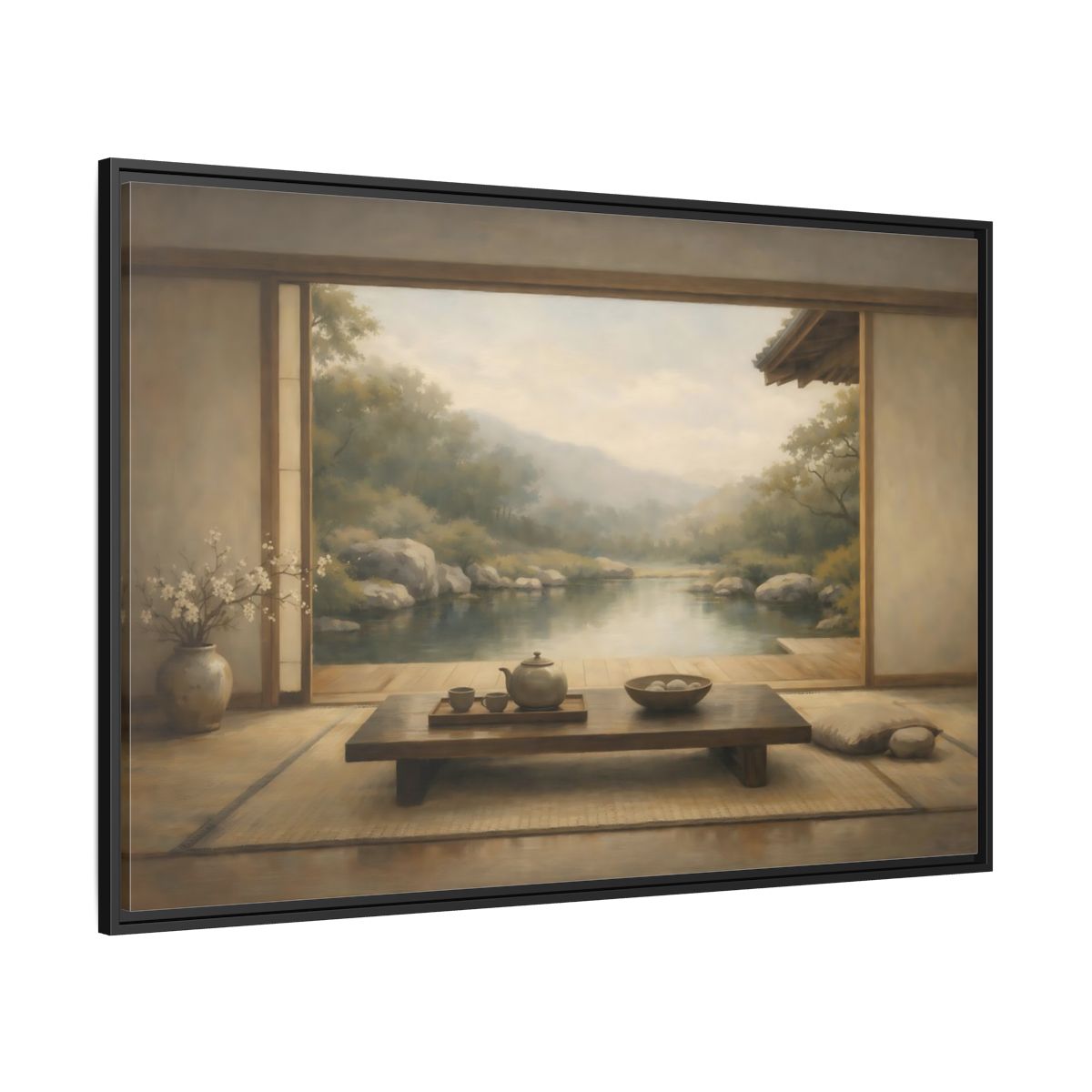 Side Mockup 12. Nature Japanese Garden Muted Landscape shown as stretched canvas wall art