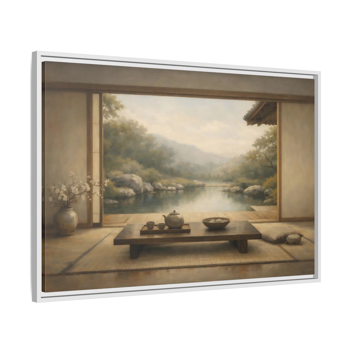 Side Mockup 8. Nature Japanese Garden Muted Landscape shown as stretched canvas wall art