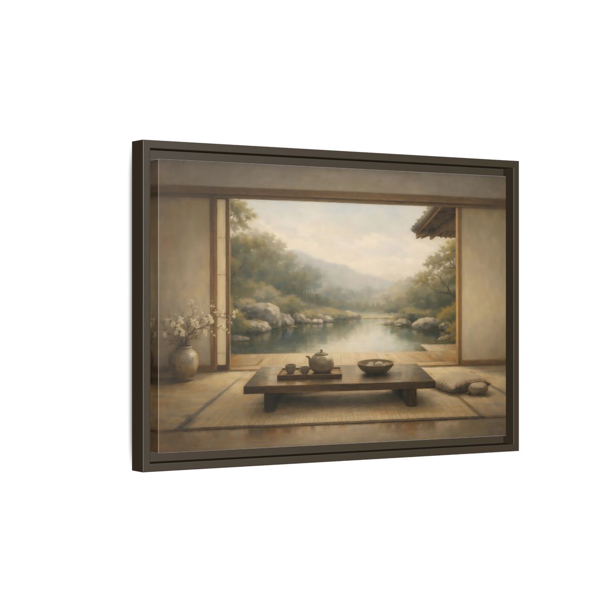 Side Mockup 2. Nature Japanese Garden Muted Landscape shown as stretched canvas wall art