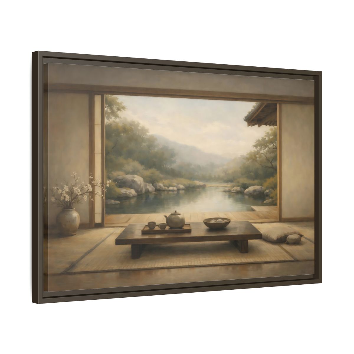 Side Mockup 11. Nature Japanese Garden Muted Landscape shown as stretched canvas wall art