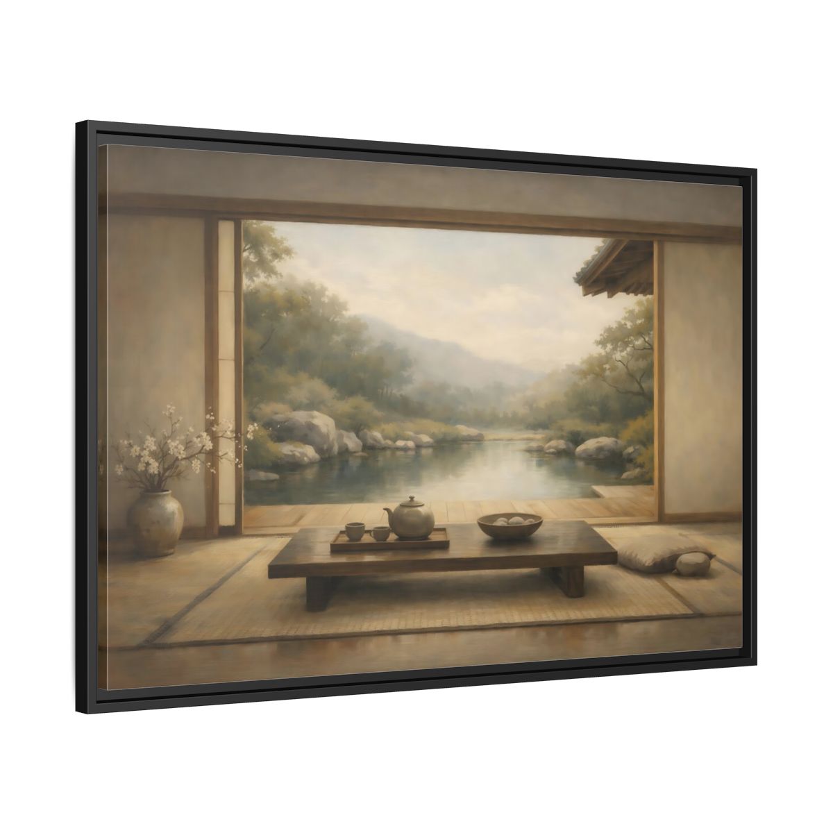 Side Mockup 13. Nature Japanese Garden Muted Landscape shown as stretched canvas wall art