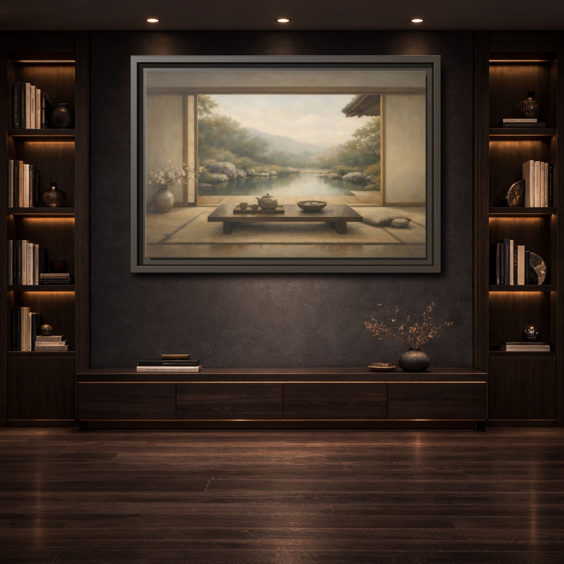 Mockup 3. Nature Japanese Garden Muted Landscape shown as stretched canvas wall art