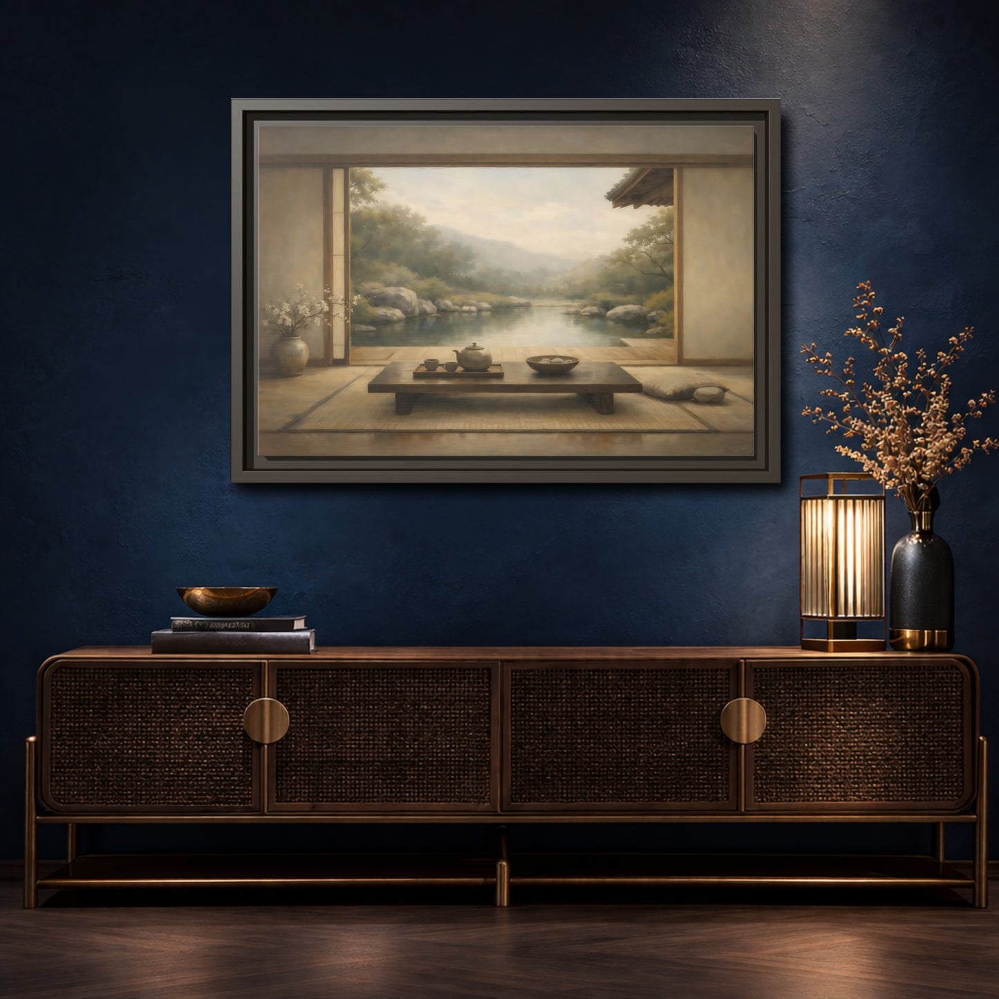 Mockup 4. Nature Japanese Garden Muted Landscape shown as stretched canvas wall art
