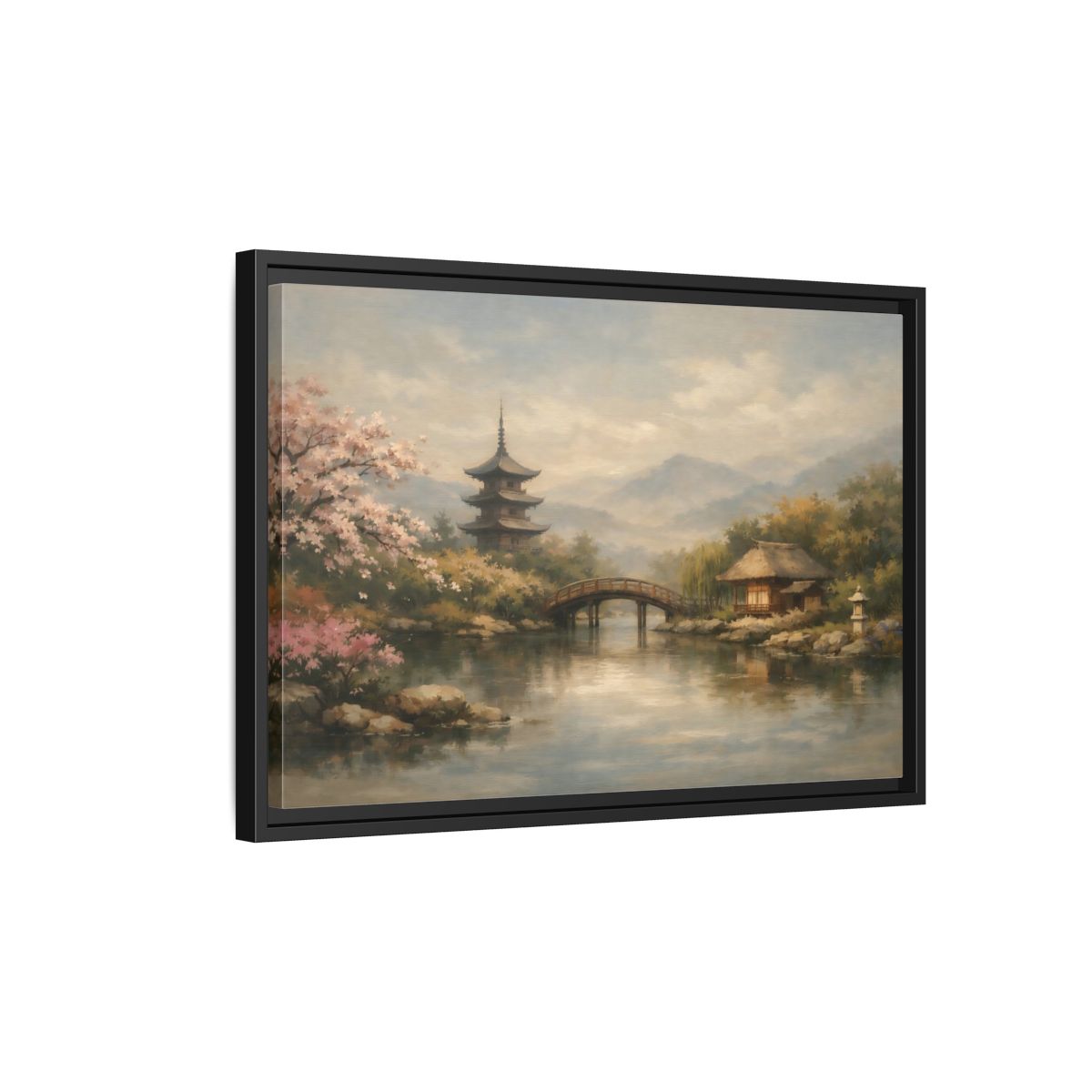 Side Mockup 3. Nature Japanese Landscape Japanese Garden Scene shown as stretched canvas wall art
