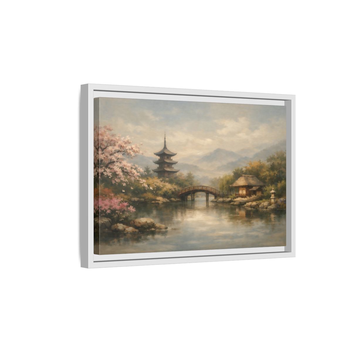 Side Mockup 4. Nature Japanese Landscape Japanese Garden Scene shown as stretched canvas wall art