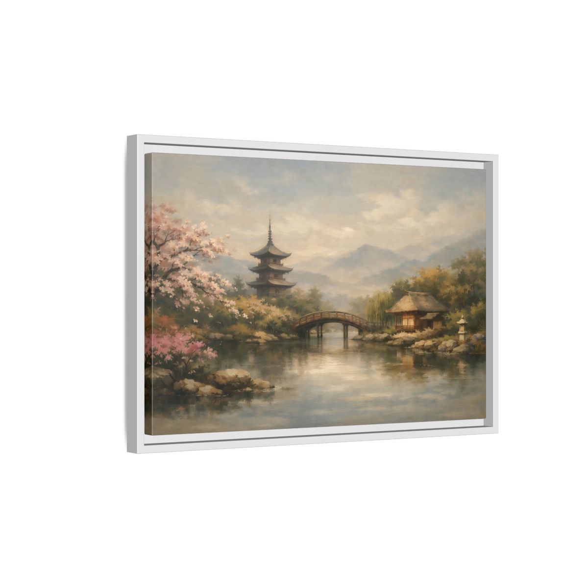 Side Mockup 1. Nature Japanese Landscape Japanese Garden Scene shown as stretched canvas wall art