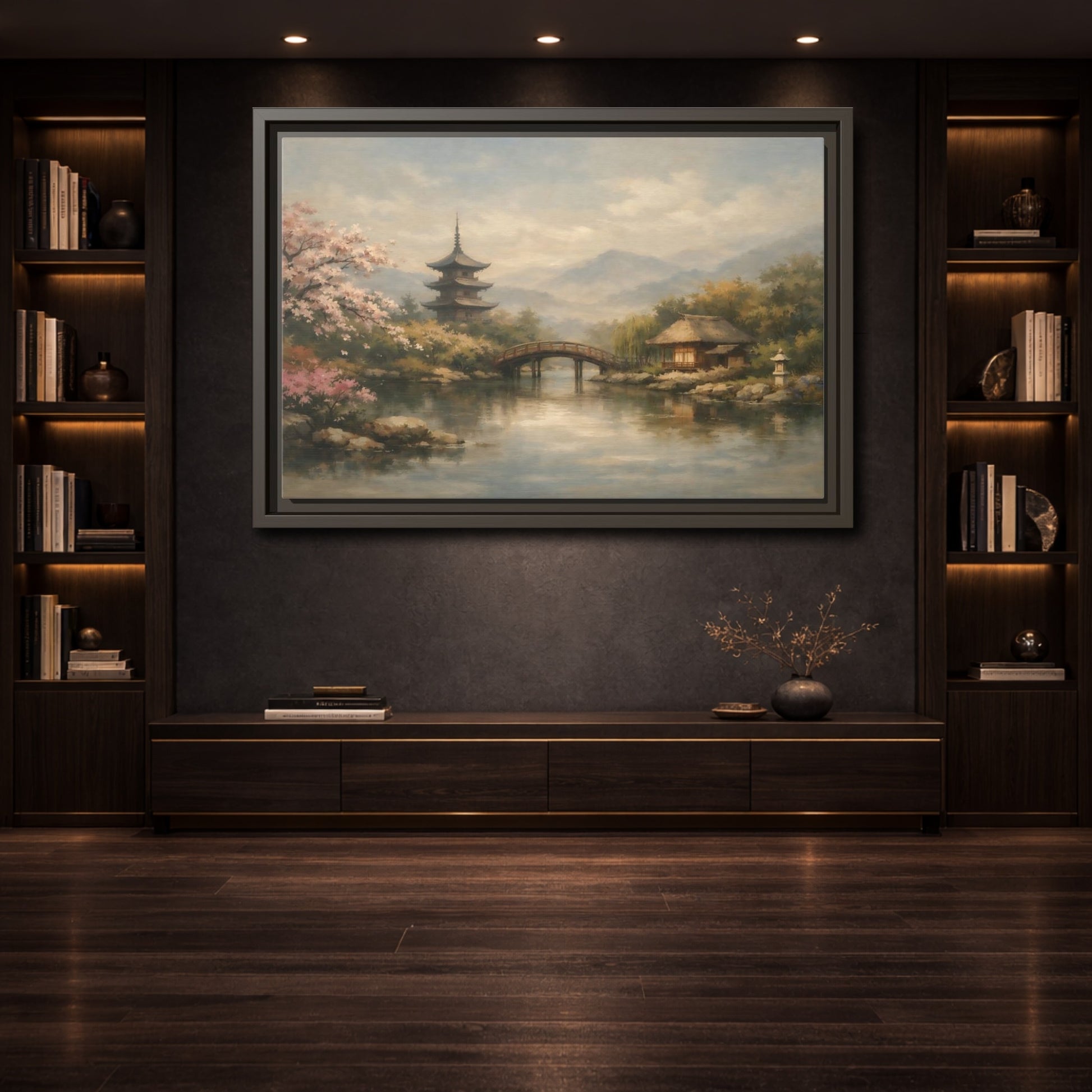 Mockup 3. Nature Japanese Landscape Japanese Garden Scene shown as stretched canvas wall art