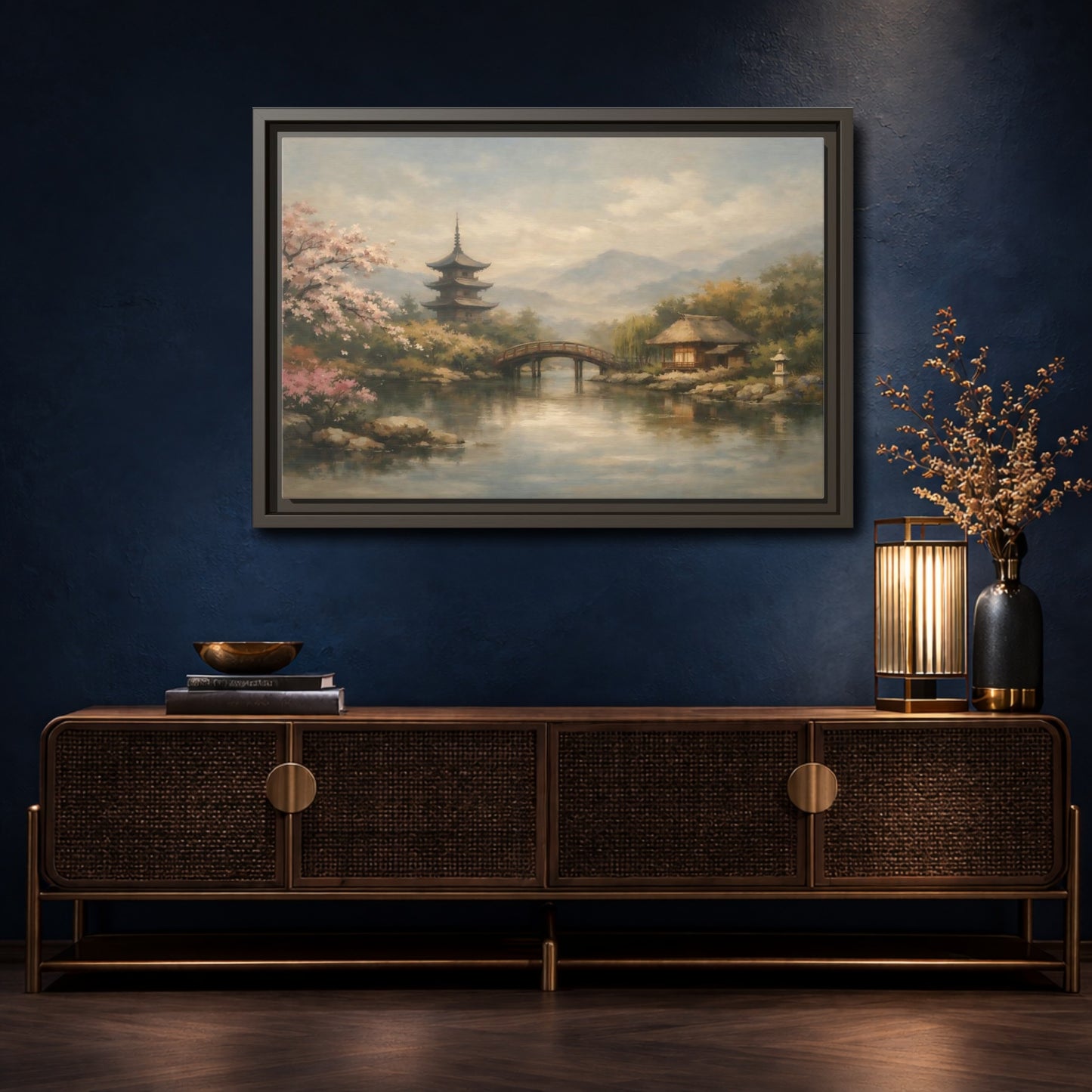Mockup 4. Nature Japanese Landscape Japanese Garden Scene shown as stretched canvas wall art