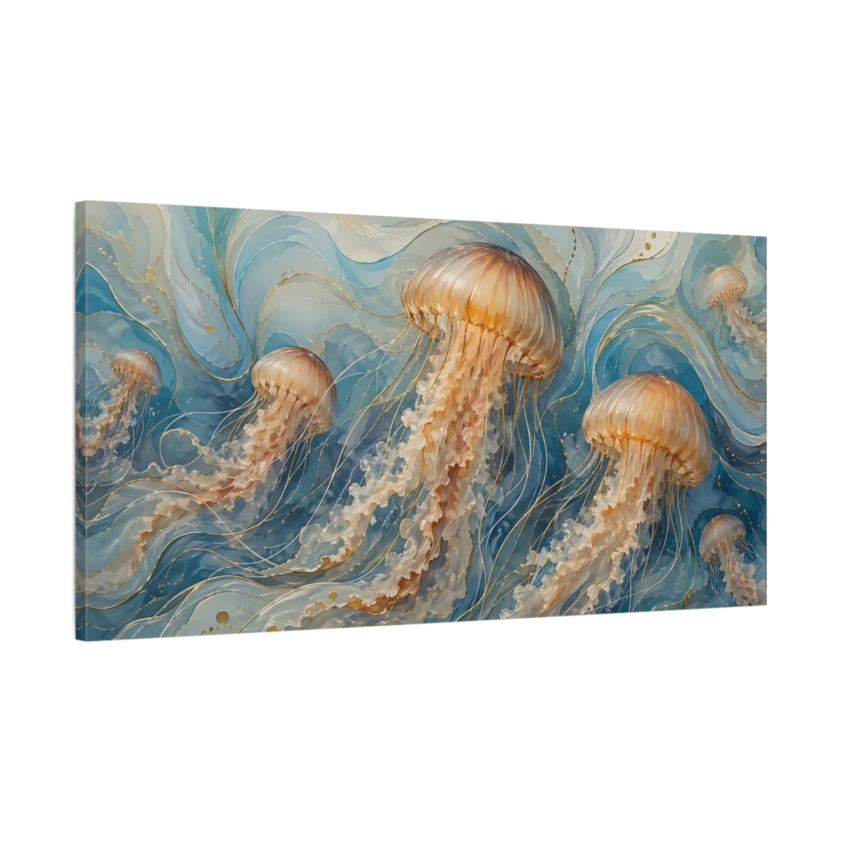 Main Mockup. Nature Jellyfish Blue And Gold shown as stretched canvas wall art