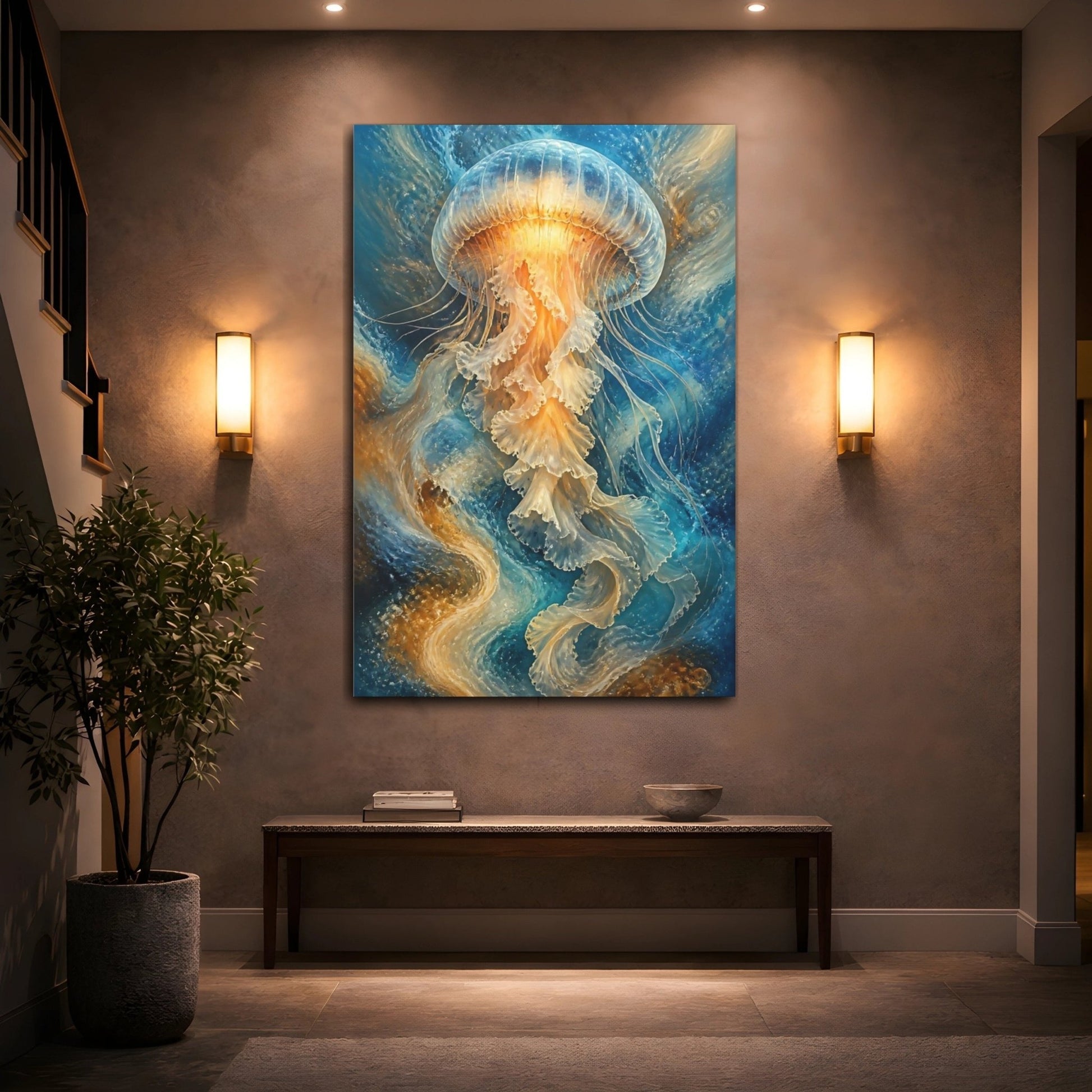 Nature Jellyfish Blue And Gold Canvas Print – Abstract Decor for Living Room, Large Wall - YesArtYes