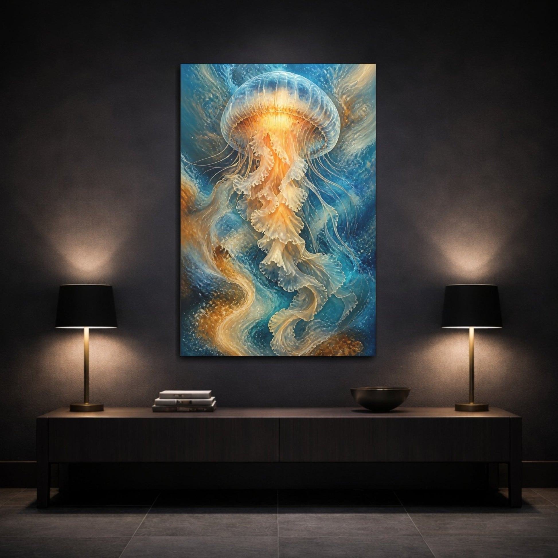 Nature Jellyfish Blue And Gold Canvas Print – Abstract Decor for Living Room, Large Wall - YesArtYes