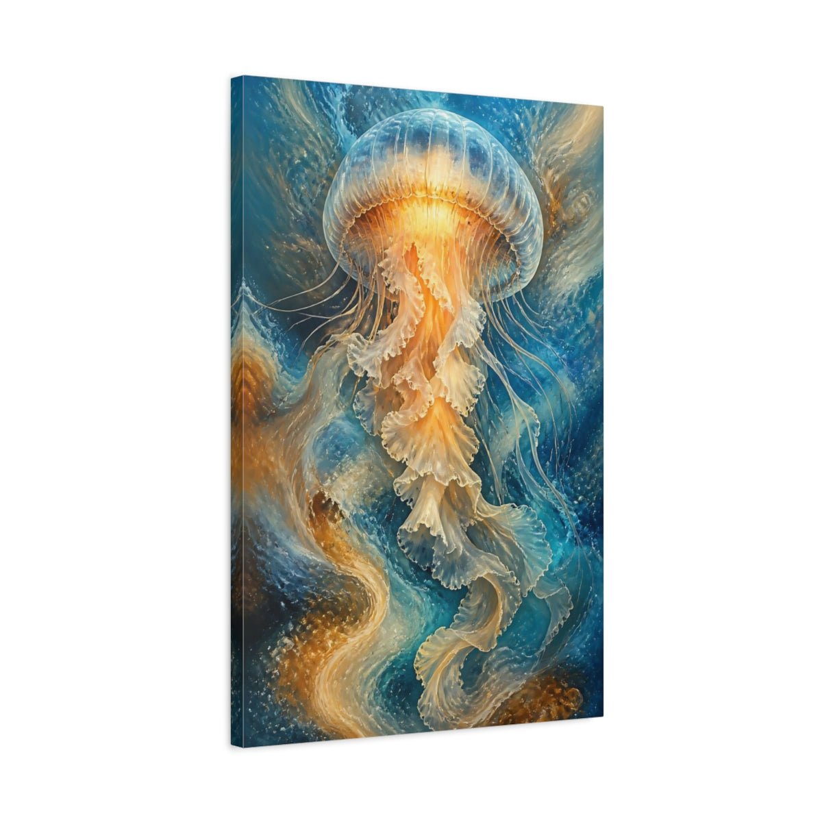 Nature Jellyfish Blue And Gold Canvas Print – Abstract Decor for Living Room, Large Wall - YesArtYes