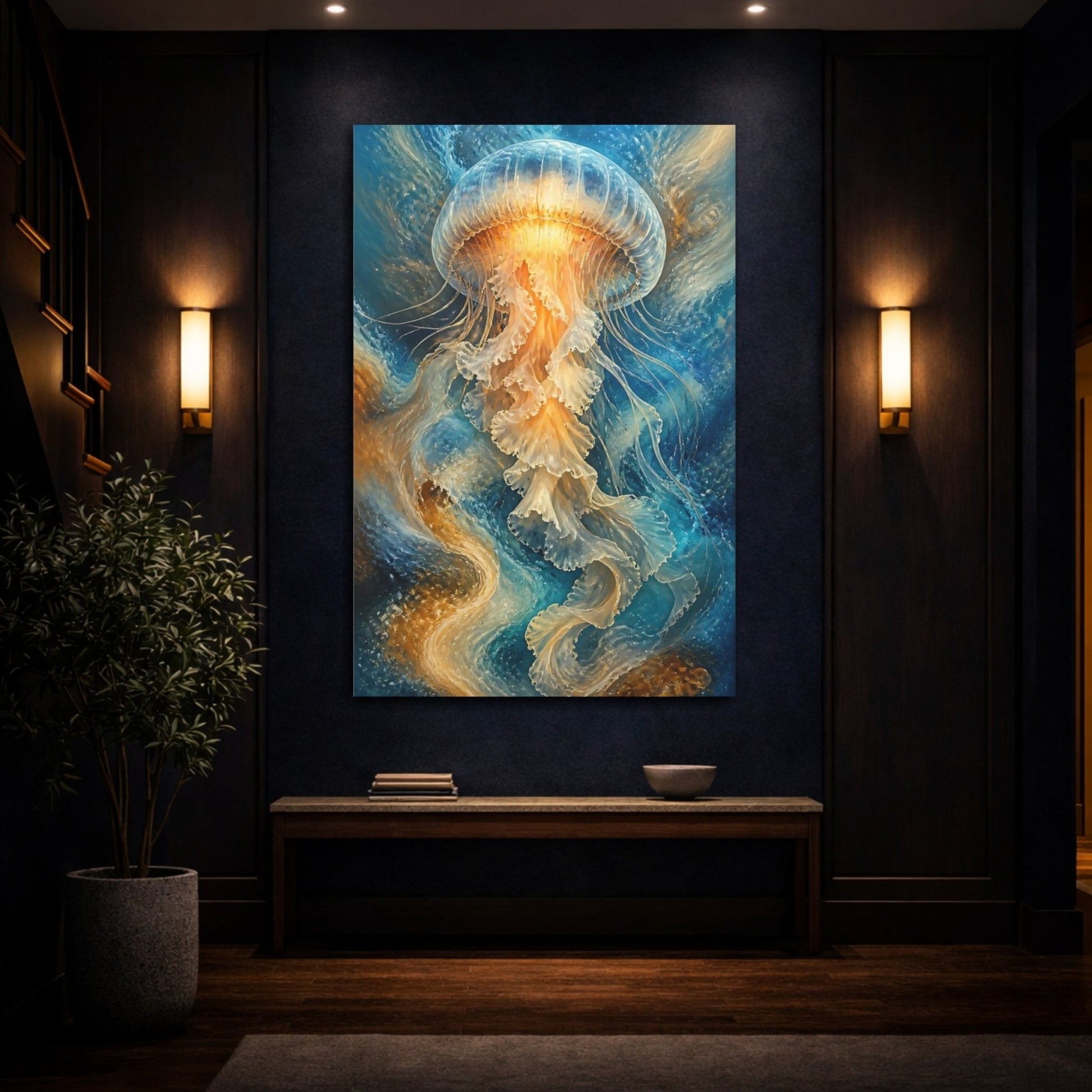Nature Jellyfish Blue And Gold Canvas Print – Abstract Decor for Living Room, Large Wall - YesArtYes