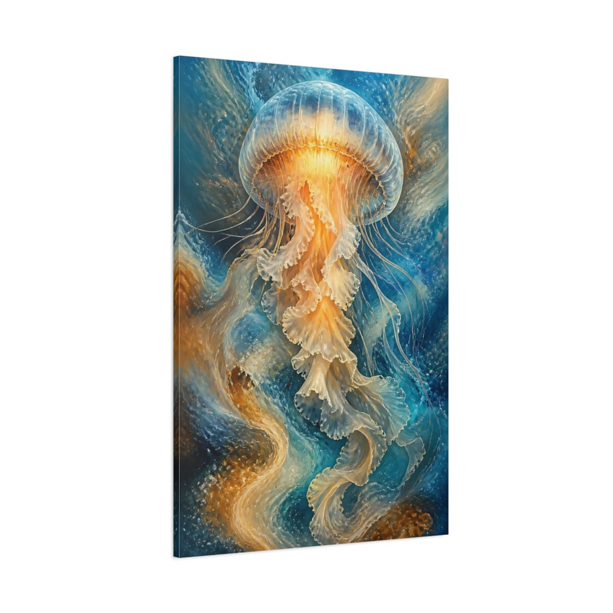 Nature Jellyfish Blue And Gold Canvas Print – Abstract Decor for Living Room, Large Wall - YesArtYes