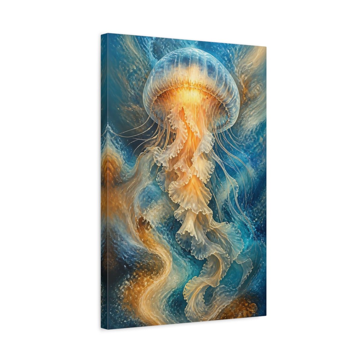 Nature Jellyfish Blue And Gold Canvas Print – Abstract Decor for Living Room, Large Wall - YesArtYes