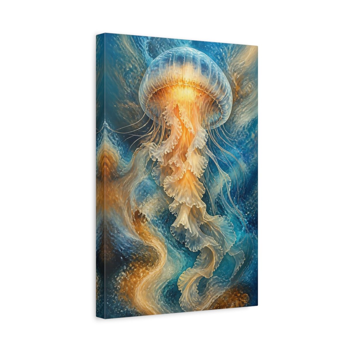 Nature Jellyfish Blue And Gold Canvas Print – Abstract Decor for Living Room, Large Wall - YesArtYes