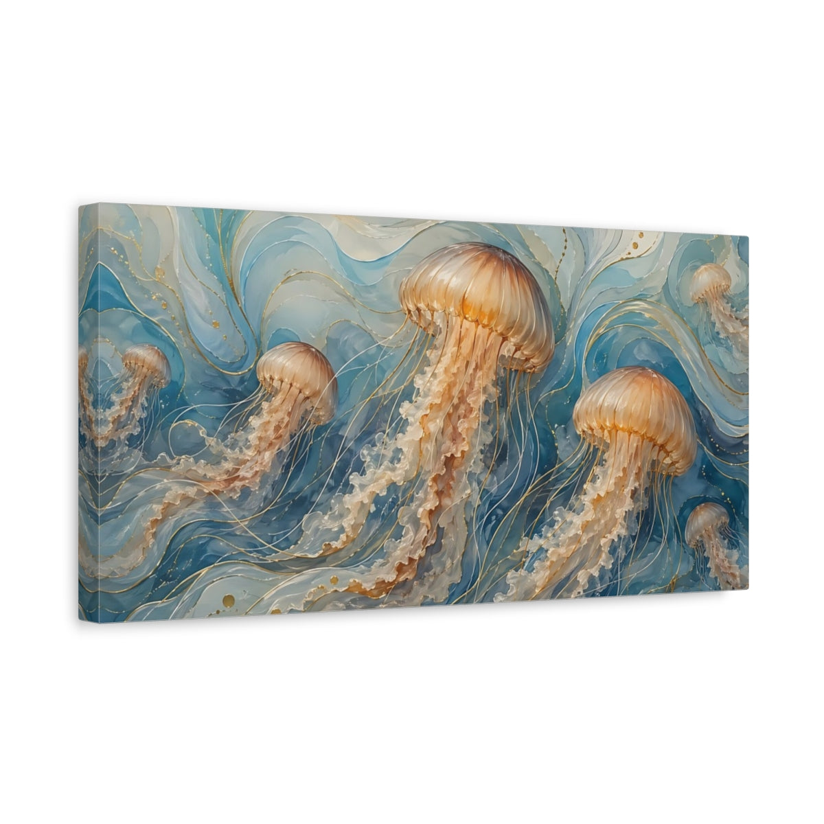 Side Mockup 3. Nature Jellyfish Blue And Gold shown as stretched canvas wall art