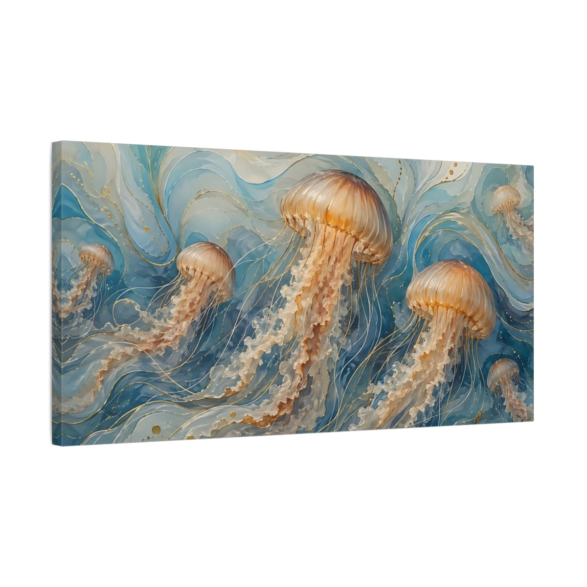 Side Mockup 1. Nature Jellyfish Blue And Gold shown as stretched canvas wall art