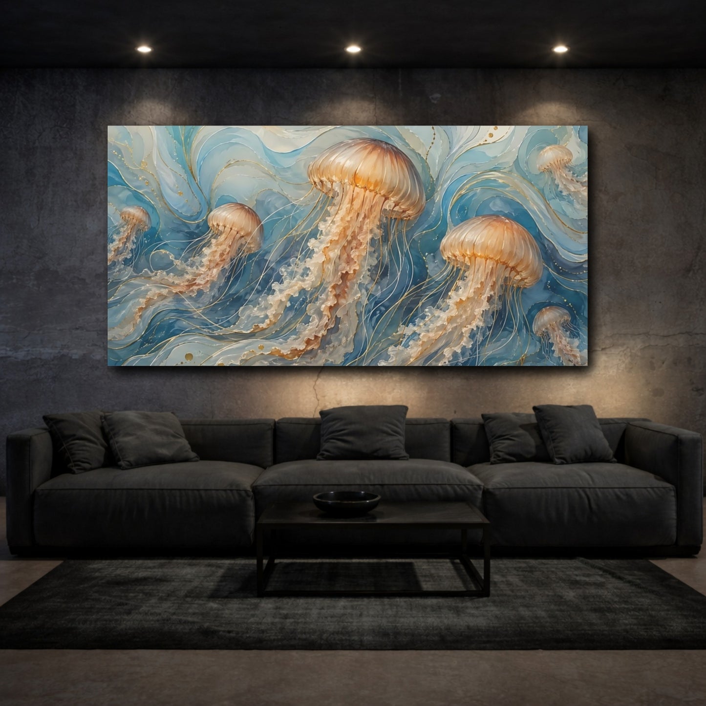 Mockup 2. Nature Jellyfish Blue And Gold shown as stretched canvas wall art