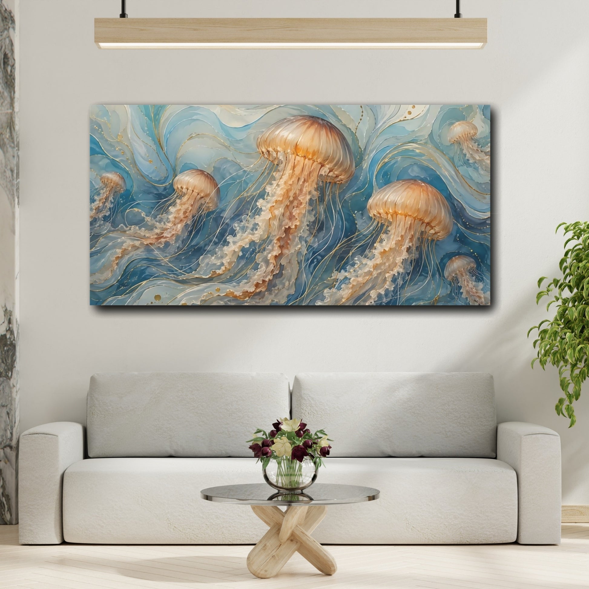 Mockup 3. Nature Jellyfish Blue And Gold shown as stretched canvas wall art