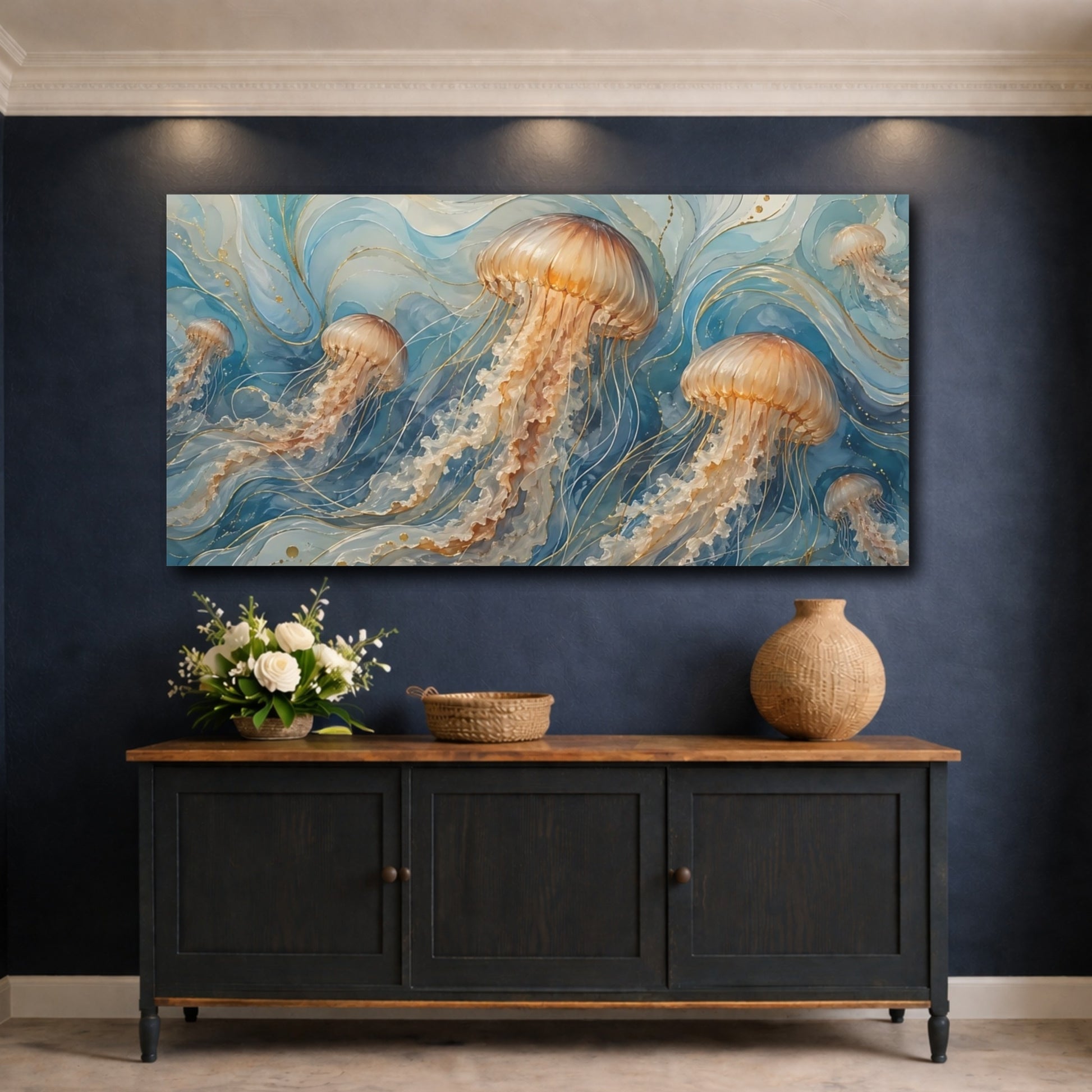 Mockup 4. Nature Jellyfish Blue And Gold shown as stretched canvas wall art