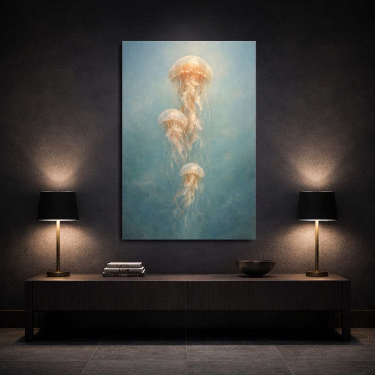 Mockup 2. Nature Jellyfish Blue And Orange shown as stretched canvas wall art