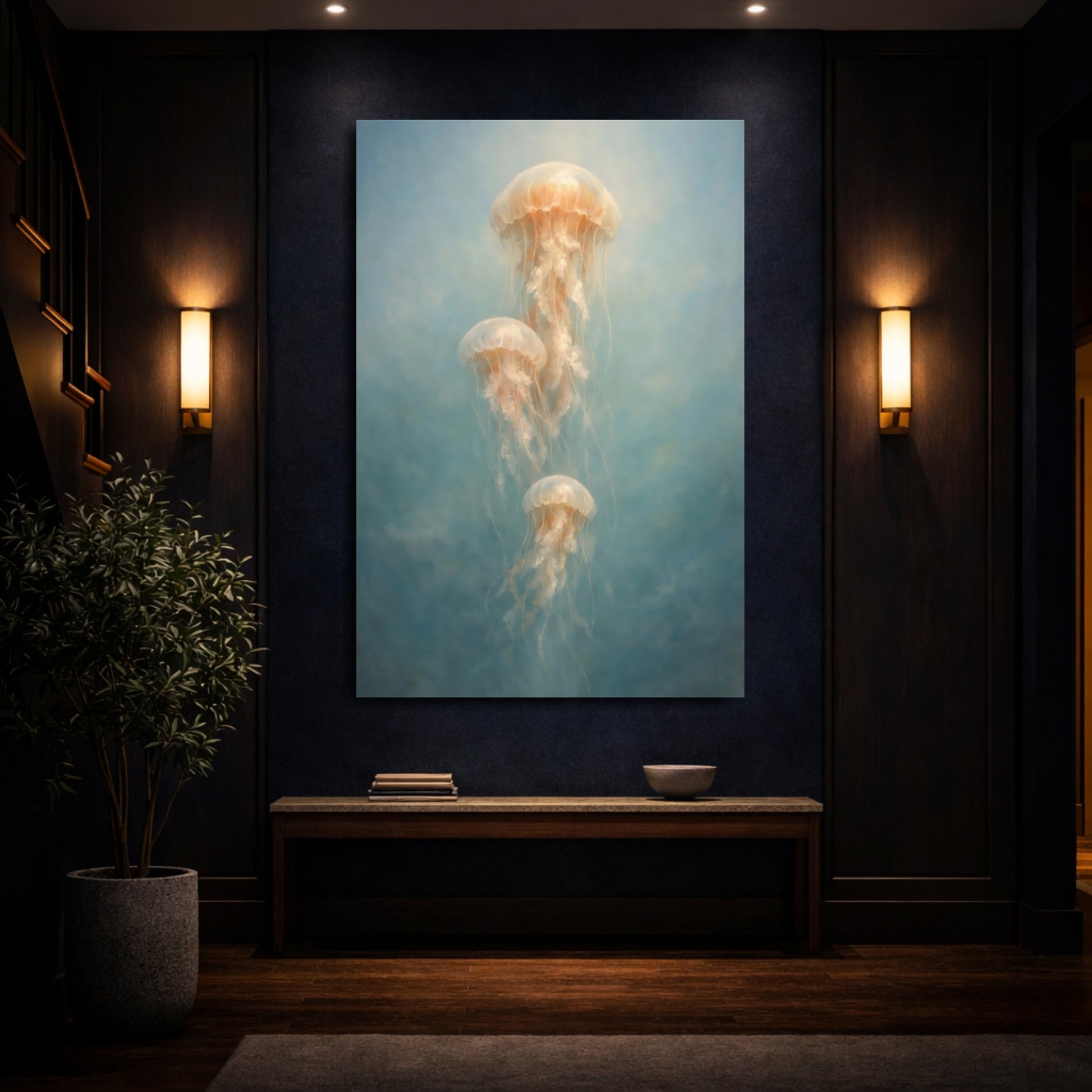 Mockup 3. Nature Jellyfish Blue And Orange shown as stretched canvas wall art