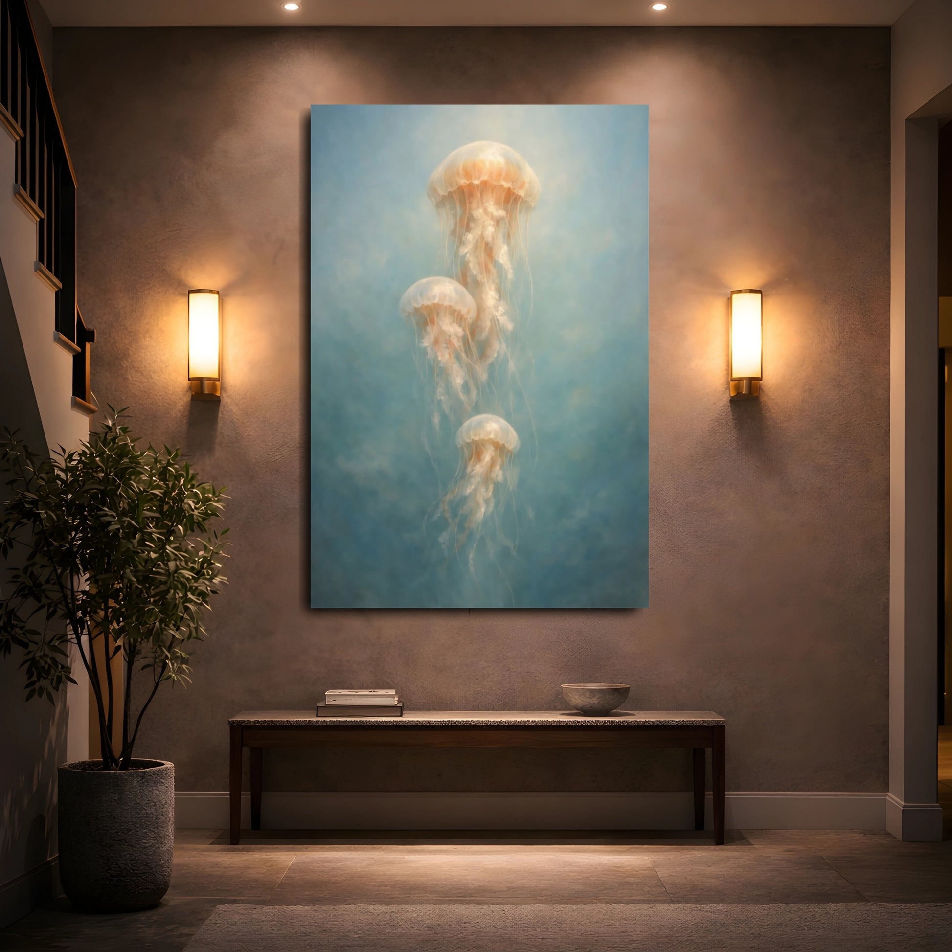 Mockup 4. Nature Jellyfish Blue And Orange shown as stretched canvas wall art