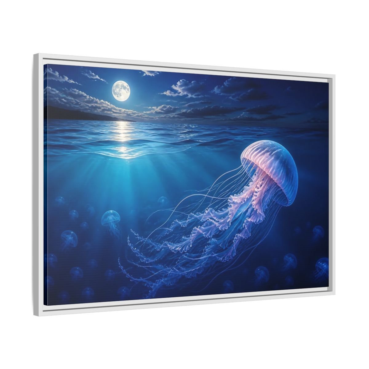 Nature Jellyfish Blue Framed Canvas Print – Realistic Living Room, Above Console Table - YesArtYes