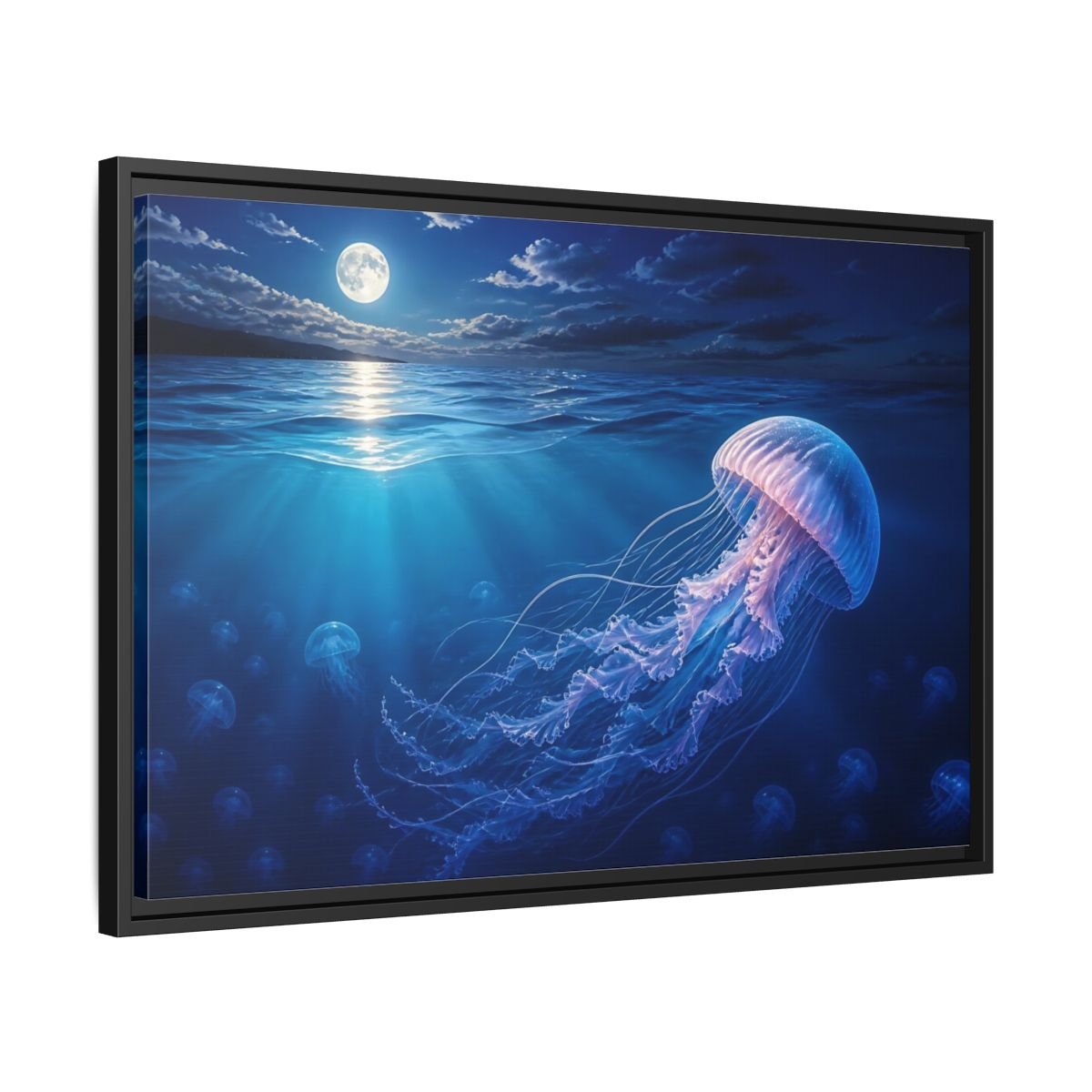 Nature Jellyfish Blue Framed Canvas Print – Realistic Living Room, Above Console Table - YesArtYes