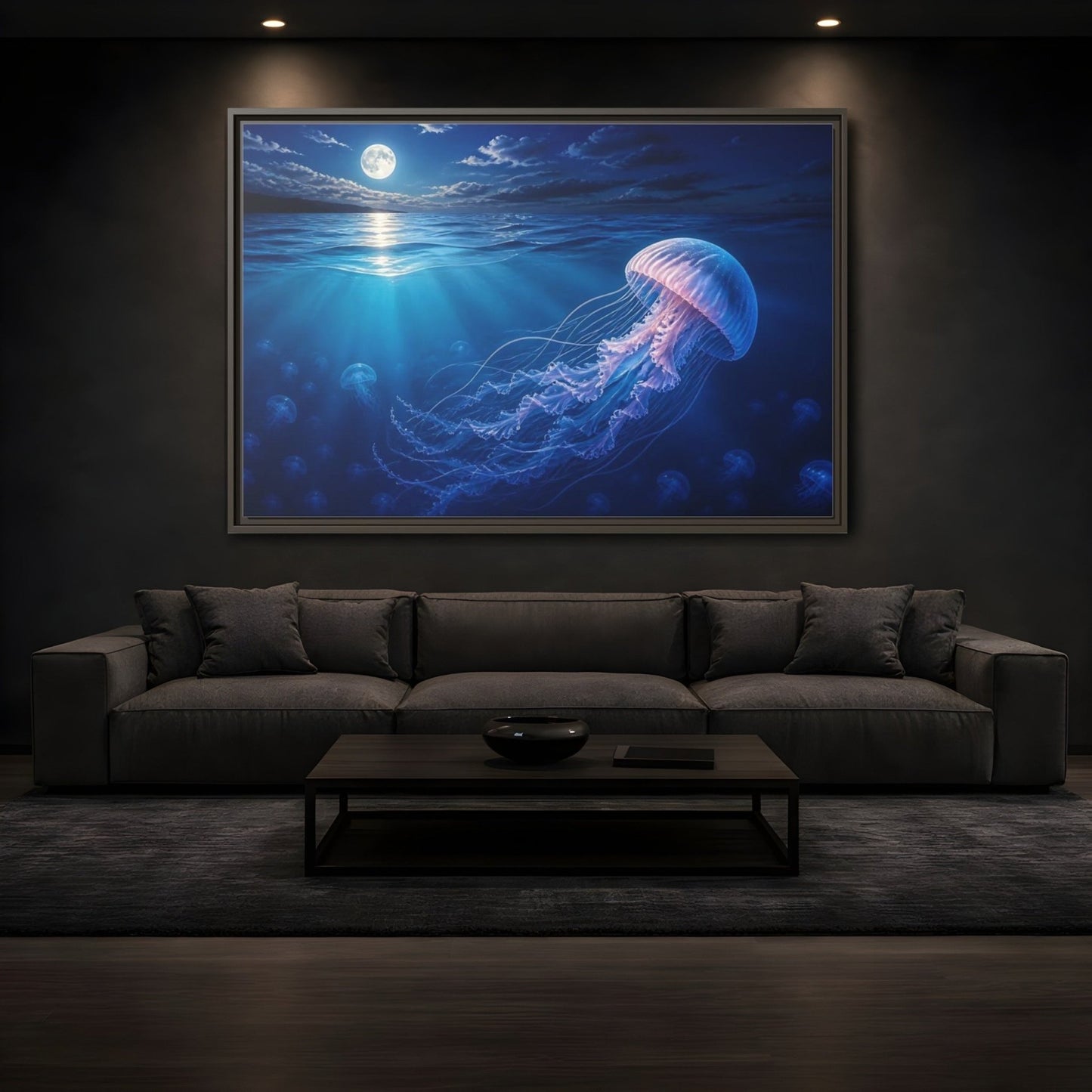 Nature Jellyfish Blue Framed Canvas Print – Realistic Living Room, Above Console Table - YesArtYes