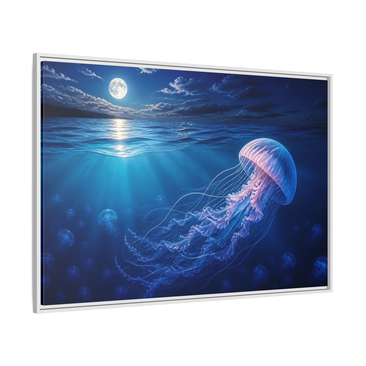 Nature Jellyfish Blue Framed Canvas Print – Realistic Living Room, Above Console Table - YesArtYes