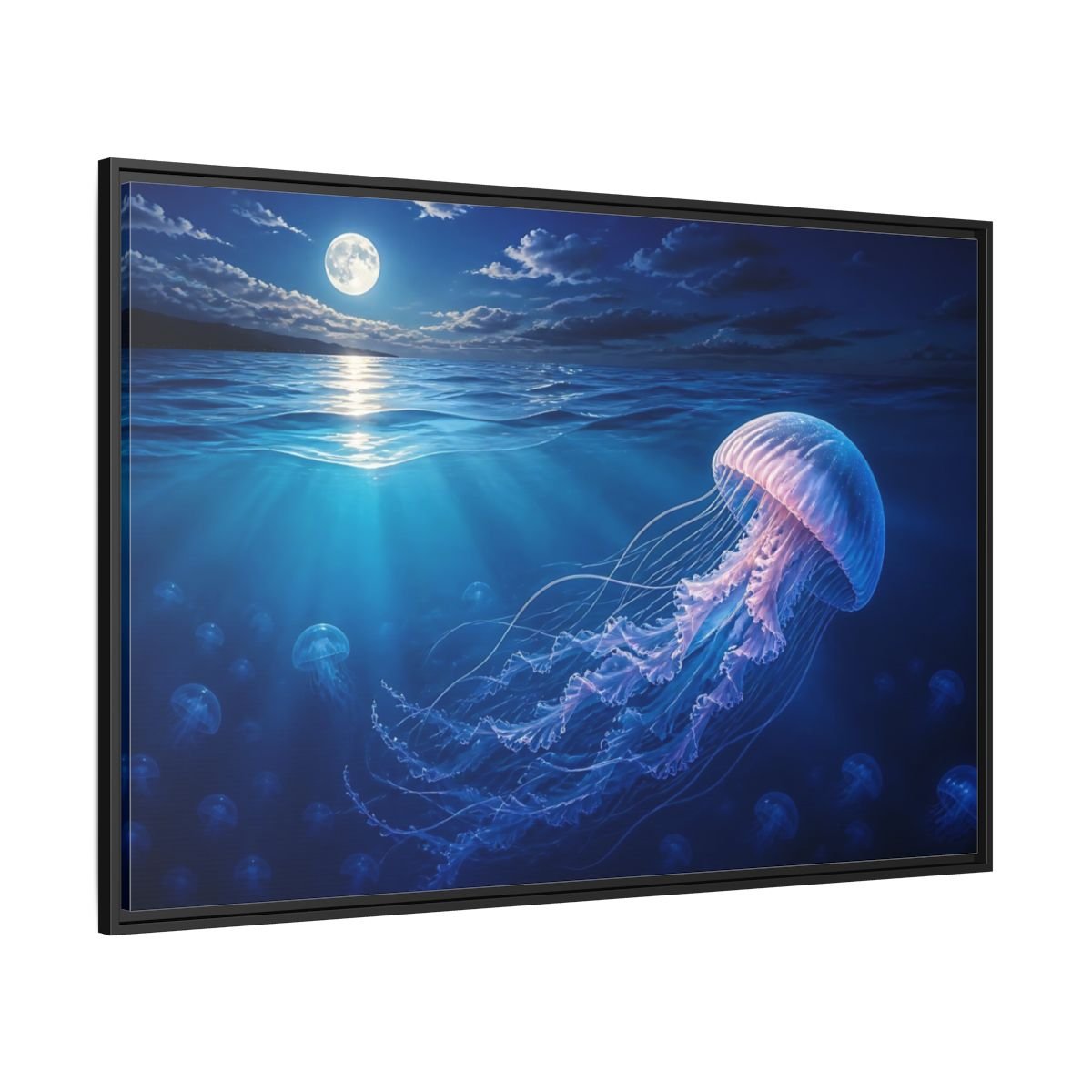 Nature Jellyfish Blue Framed Canvas Print – Realistic Living Room, Above Console Table - YesArtYes