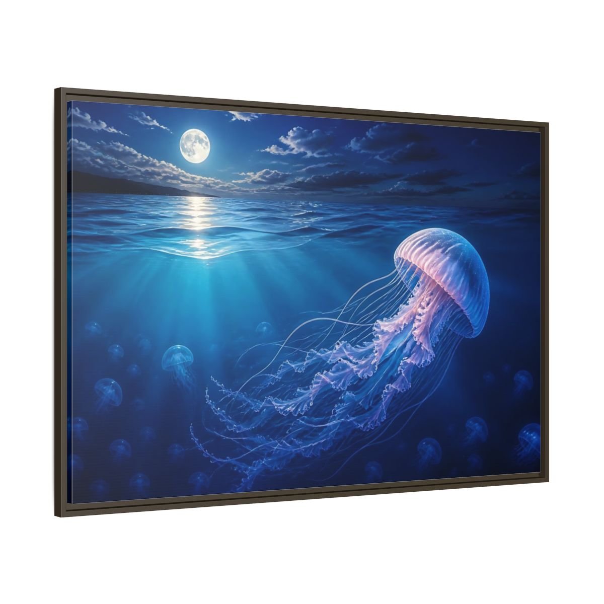 Nature Jellyfish Blue Framed Canvas Print – Realistic Living Room, Above Console Table - YesArtYes