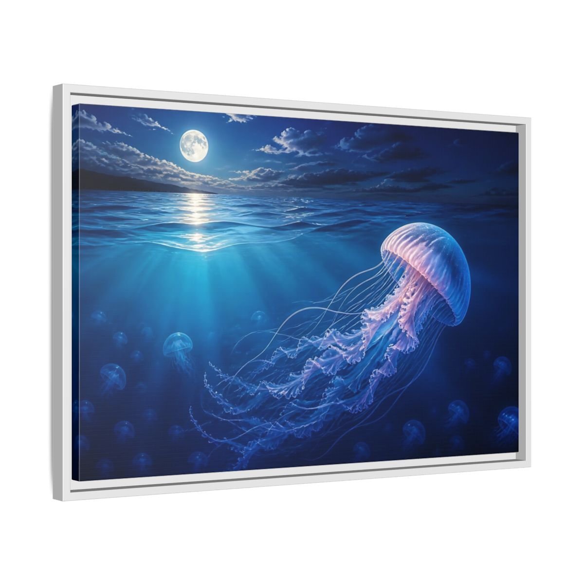 Nature Jellyfish Blue Framed Canvas Print – Realistic Living Room, Above Console Table - YesArtYes