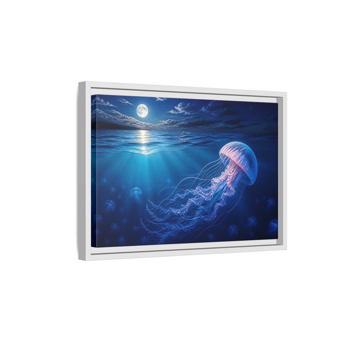 Nature Jellyfish Blue Framed Canvas Print – Realistic Living Room, Above Console Table - YesArtYes