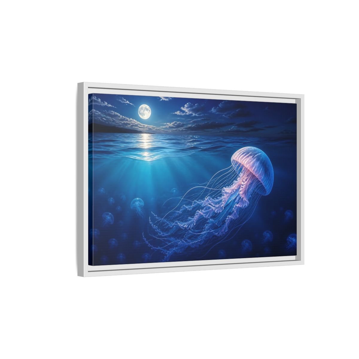 Nature Jellyfish Blue Framed Canvas Print – Realistic Living Room, Above Console Table - YesArtYes
