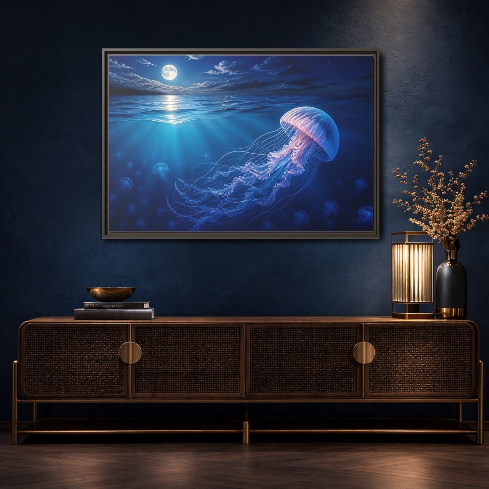 Nature Jellyfish Blue Framed Canvas Print – Realistic Living Room, Above Console Table - YesArtYes