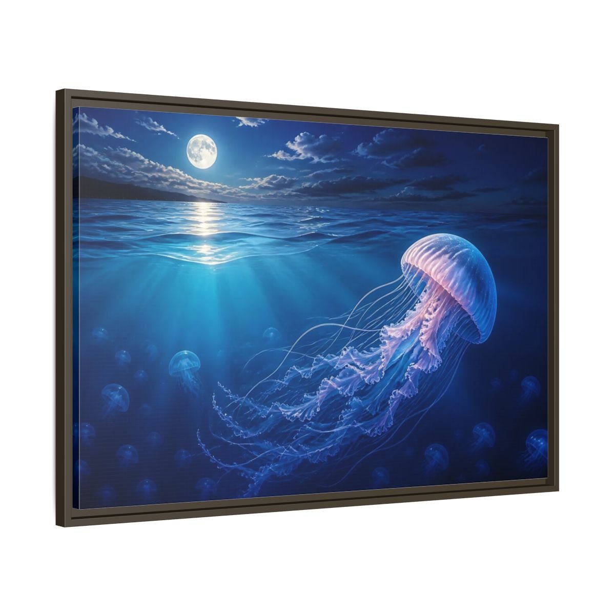 Nature Jellyfish Blue Framed Canvas Print – Realistic Living Room, Above Console Table - YesArtYes