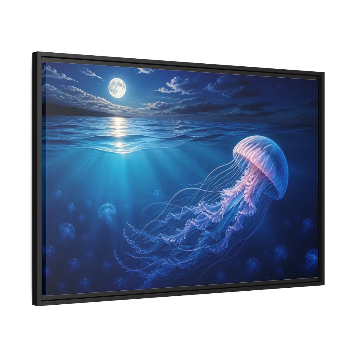 Nature Jellyfish Blue Framed Canvas Print – Realistic Living Room, Above Console Table - YesArtYes