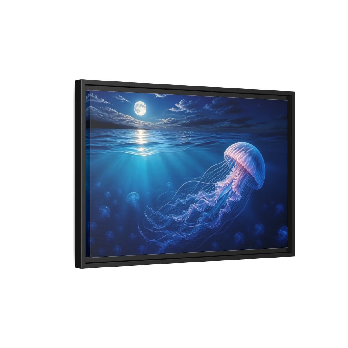 Nature Jellyfish Blue Framed Canvas Print – Realistic Living Room, Above Console Table - YesArtYes