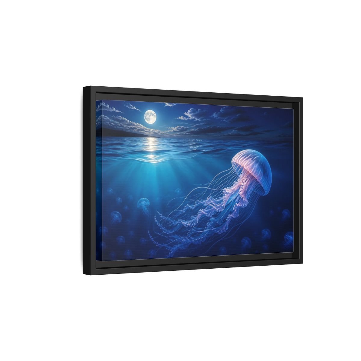Nature Jellyfish Blue Framed Canvas Print – Realistic Living Room, Above Console Table - YesArtYes