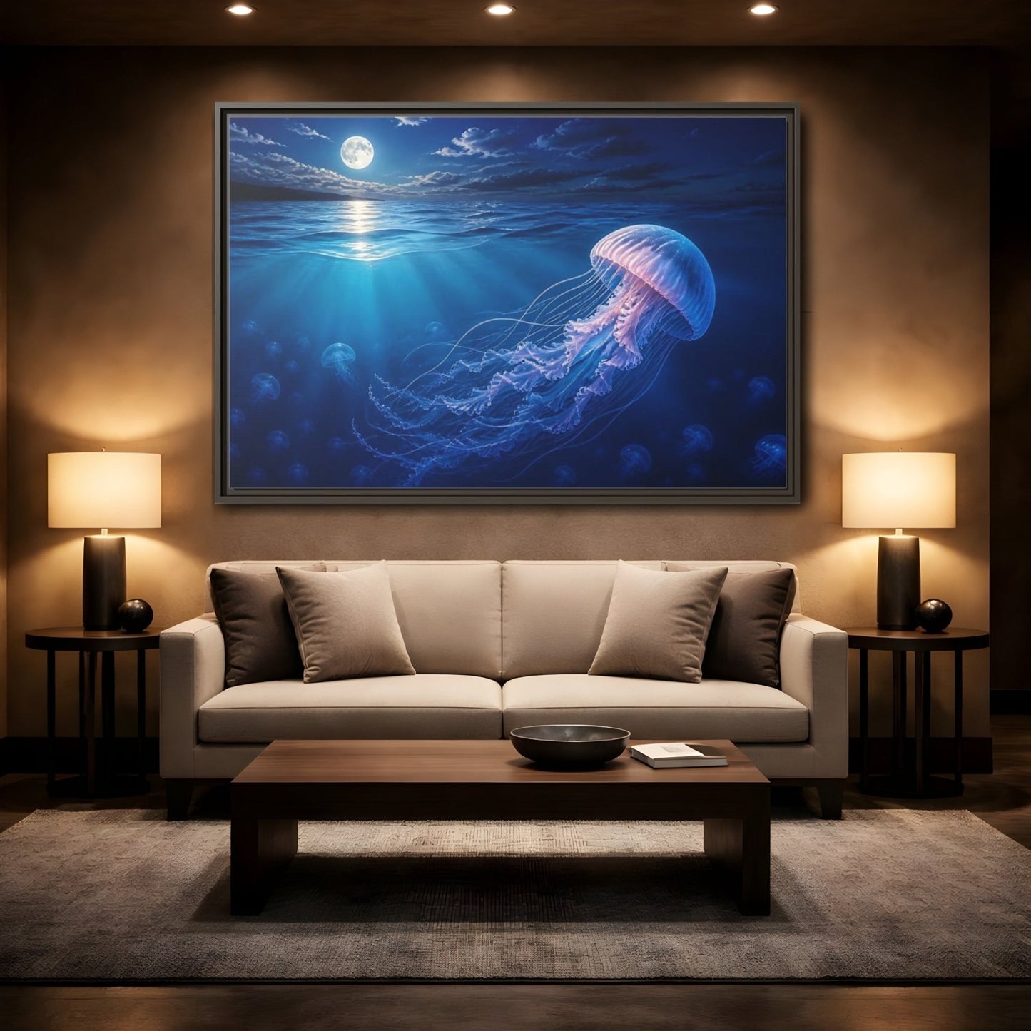 Nature Jellyfish Blue Framed Canvas Print – Realistic Living Room, Above Console Table - YesArtYes