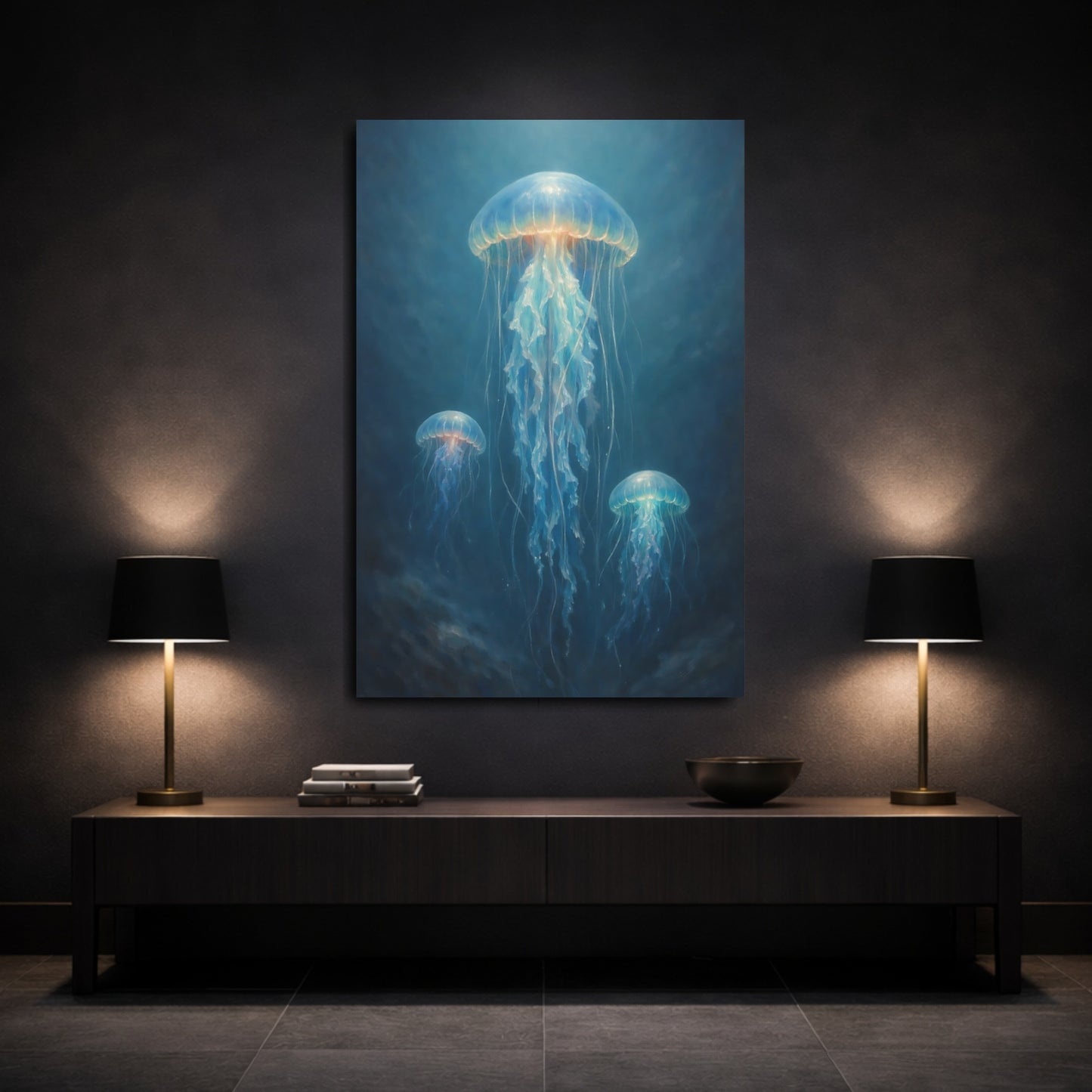 Mockup 2. Nature Jellyfish Blue Jellyfish shown as stretched canvas wall art