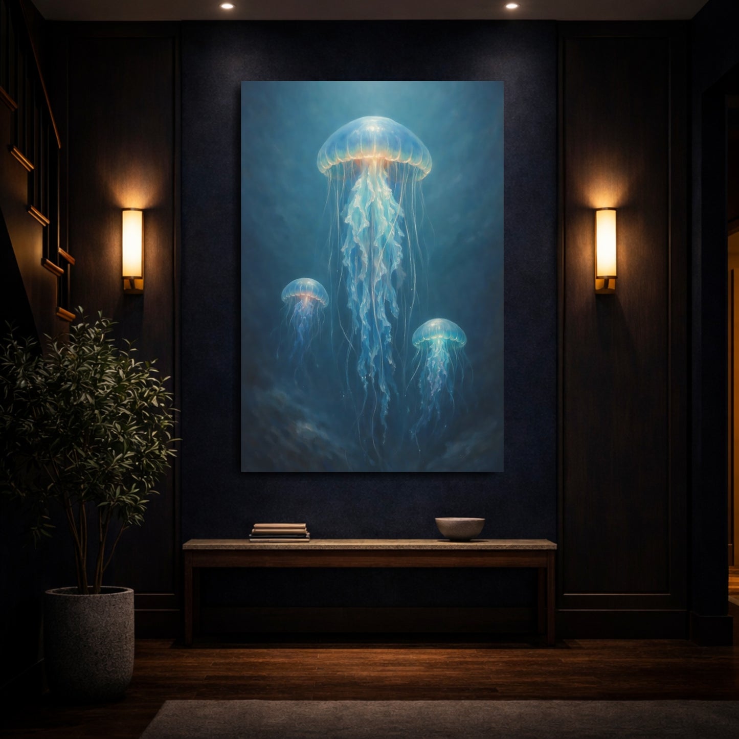 Mockup 3. Nature Jellyfish Blue Jellyfish shown as stretched canvas wall art