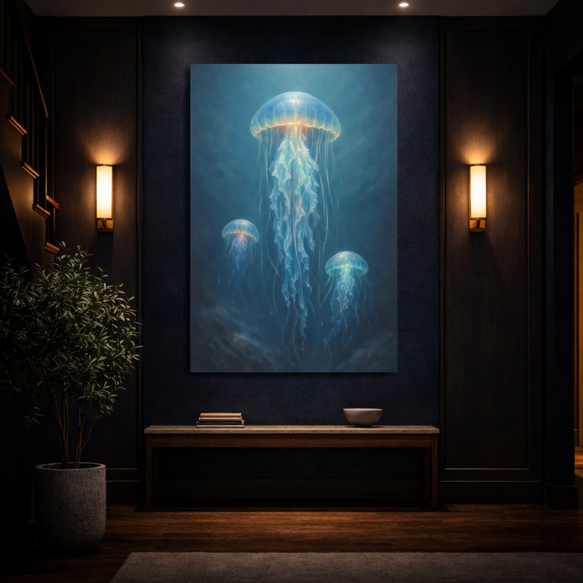 Mockup 3. Nature Jellyfish Blue Jellyfish shown as stretched canvas wall art