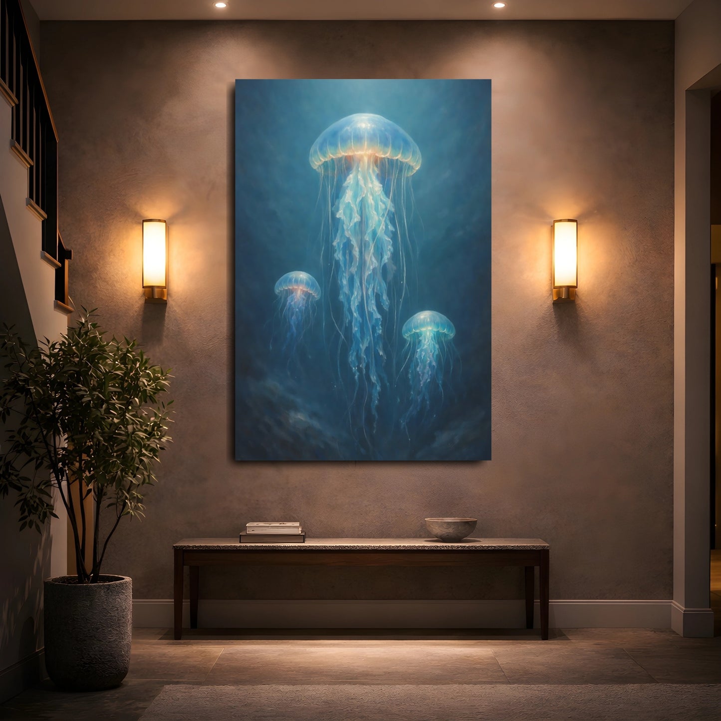 Mockup 4. Nature Jellyfish Blue Jellyfish shown as stretched canvas wall art
