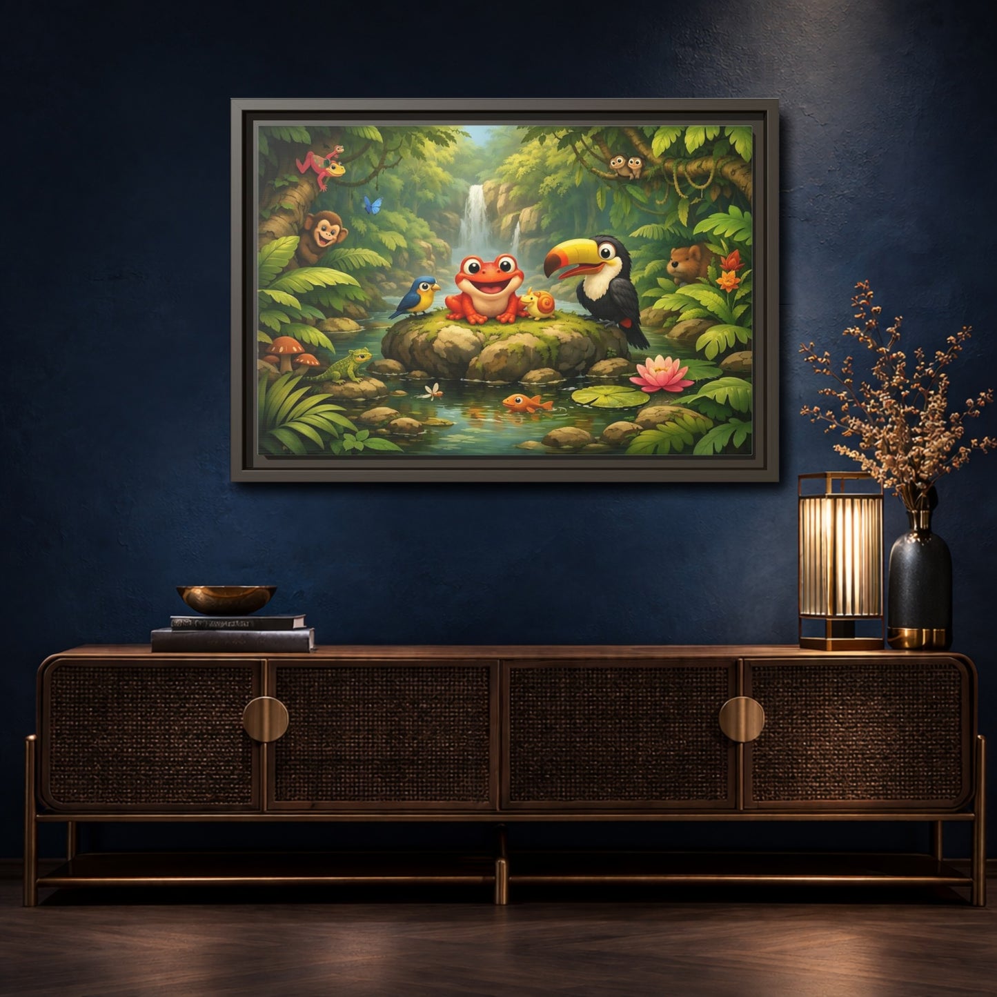 Mockup 4. Nature Jungle Animals Vibrant Jungle shown as stretched canvas wall art