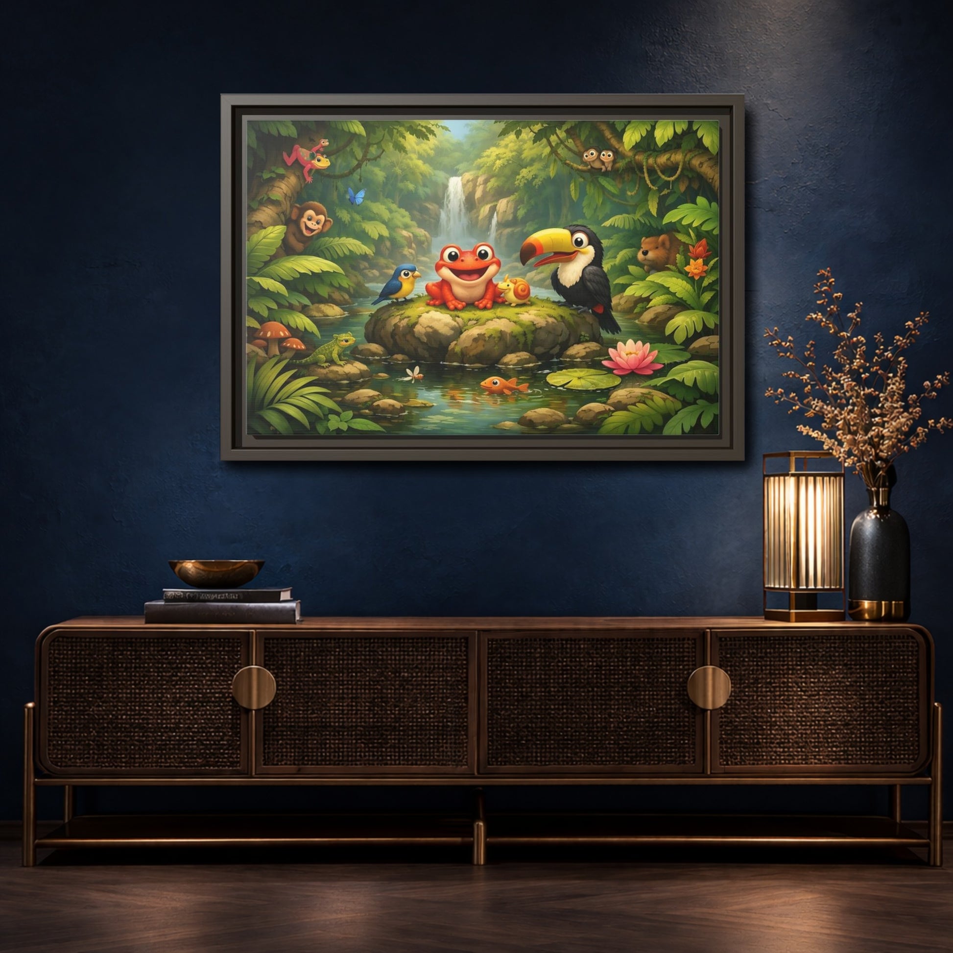 Mockup 4. Nature Jungle Animals Vibrant Jungle shown as stretched canvas wall art